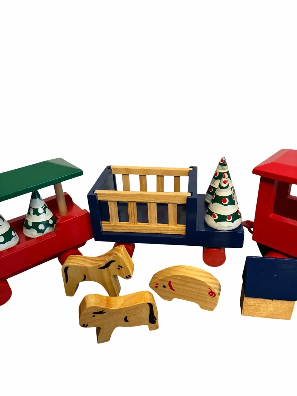 Vintage Wooden Toy Train Set Farm Animals and Christmas Trees 11 Piece